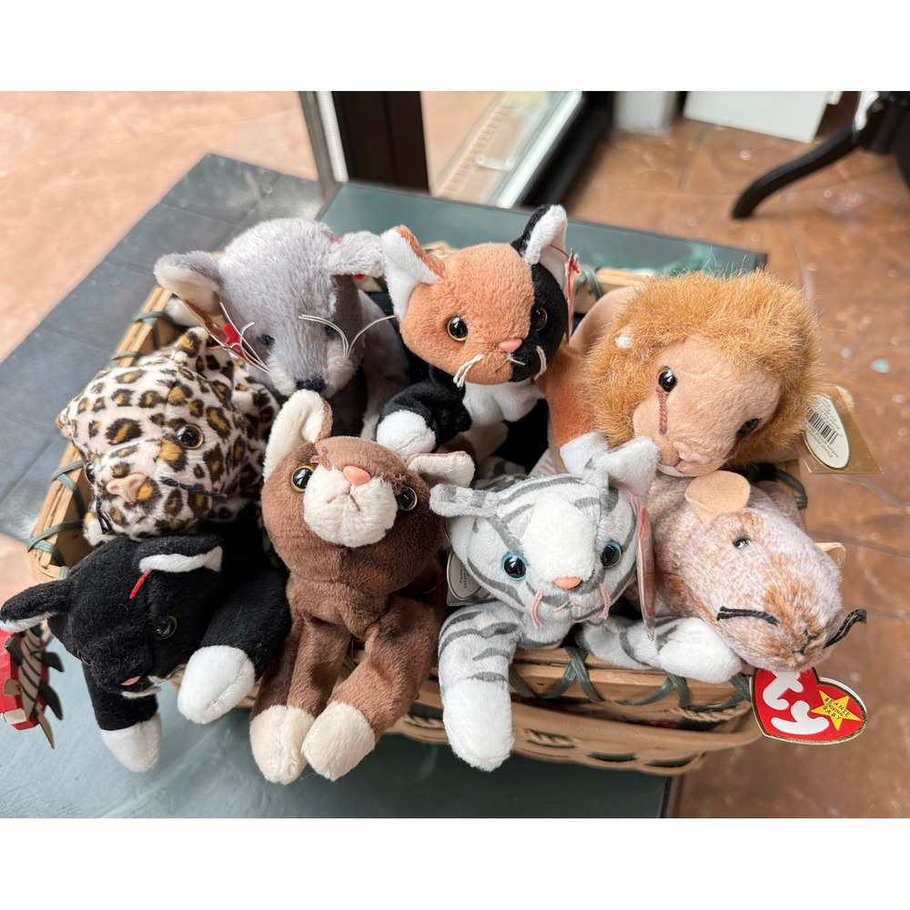 Ty Beanie Babies Cats & Big Cats Lot of 8 + Ty Plush Cat PVC Roary Freckles Zip
